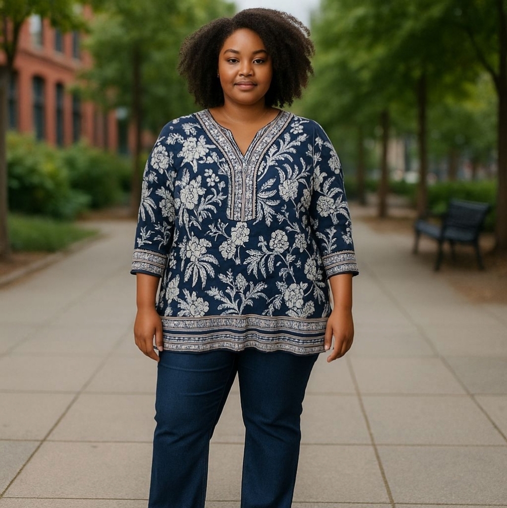 JM Collection Navy Floral-Print V-Neck Tunic Top, NWT